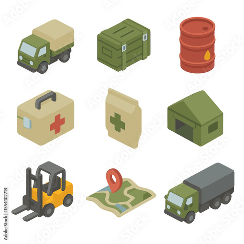 Logistics Icon Set. Isometric Flat icon set of logistics and supply chain: supply truck, ammunition crate, fuel barrel, medical
