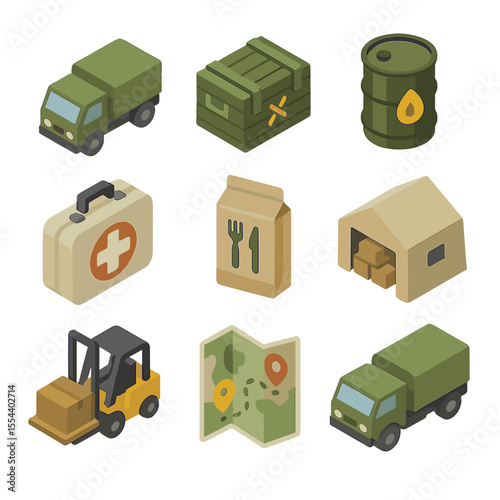 Logistics Icon Set. Isometric Flat icon set of logistics and supply chain: supply truck, ammunition crate, fuel barrel, medical
