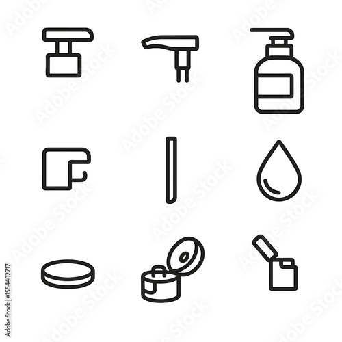 Lotion Bottle Icons. Outline icon set of Lotion Pump Bottles: pump head, dispenser nozzle, matte bottle body, label area, lock