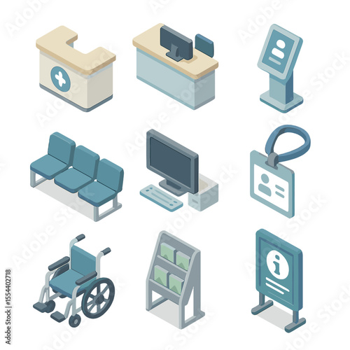 Hospital Reception Icons. Isometric Flat icon set of community hospital reception and admission: reception desk, patient