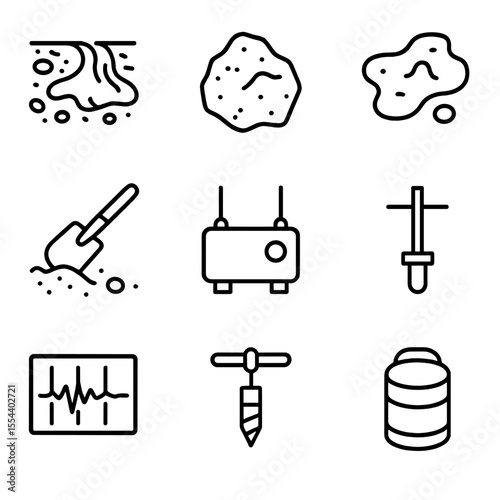 Lunar Geology Icons. Outline icon set of Lunar Geology and Samples: basalt flow, anorthosite chunk, impact melt, regolith scoop,