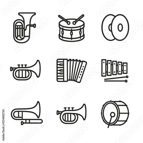 Circus Instruments Icons. Outline icon set of circus musical instruments: brass tuba, snare drum, cymbals, trumpet, accordion,