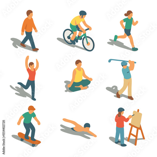 Human Activity Shadows. Isometric Flat icon set of human activity shadows: walking person shadow, cyclist shadow, runner shadow,