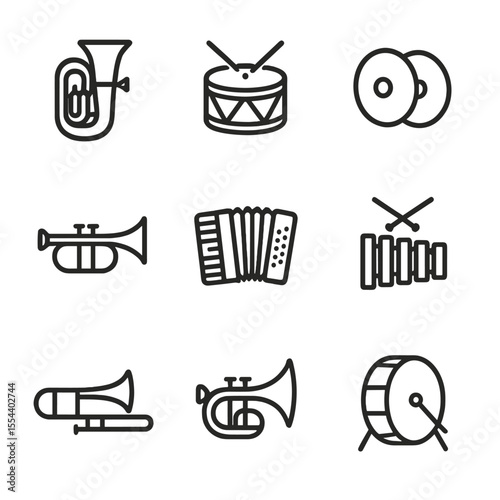 Circus Instruments Icons. Outline icon set of circus musical instruments: brass tuba, snare drum, cymbals, trumpet, accordion,