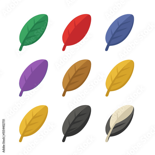 Hummingbird Feather Icons. Isometric Flat icon set of hummingbird feather colors: emerald green feathers, ruby-red gorget,