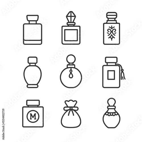 Luxury Cosmetic Icons. Outline icon set of Luxury Cosmetic Bottles: gold-plated cap, crystal stopper, embossed glass, heavy base,