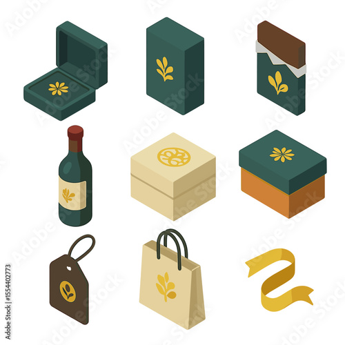 Luxury Foil Packaging Icons. Isometric Flat icon set of foil stamping packaging: jewelry box lid, perfume box, luxury chocolate