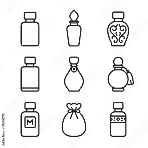 Luxury Cosmetic Icons. Outline icon set of Luxury Cosmetic Bottles: gold-plated cap, crystal stopper, embossed glass, heavy base,