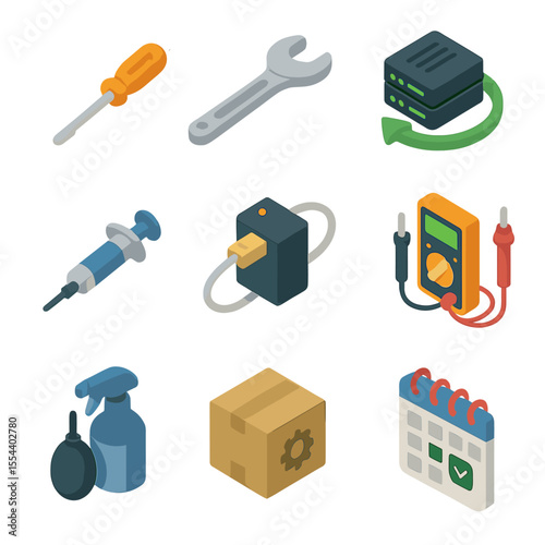 Maintenance Tools Icons. Isometric Flat icon set of maintenance and repair tools: screwdriver, wrench, replacement server, thermal