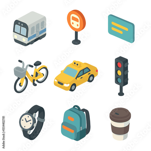 City Commuting Icons. Isometric Flat icon set of city commuting essentials: subway train, bus stop sign, metro card, bicycle share