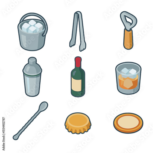 Ice Bucket Barware Icons. Isometric Flat icon set of ice buckets and barware: ice bucket with handle, ice tongs, bottle opener,