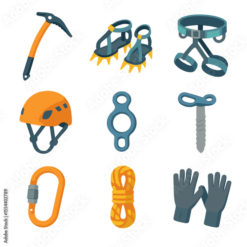 Ice Climbing Gear Icons. Isometric Flat icon set of ice climbing gear: ice axe, crampons, climbing harness, climbing helmet, belay