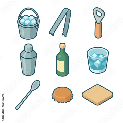 Ice Bucket Barware Icons. Isometric Flat icon set of ice buckets and barware: ice bucket with handle, ice tongs, bottle opener,