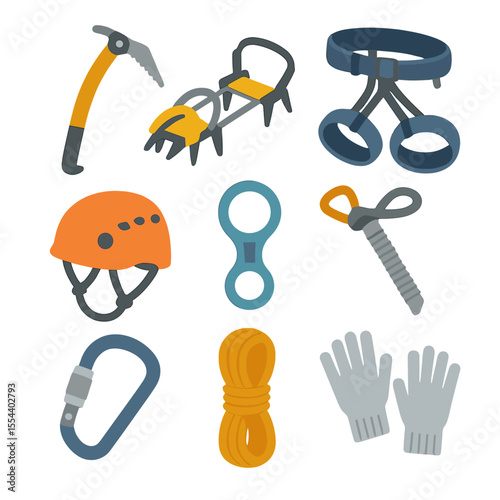 Ice Climbing Gear Icons. Isometric Flat icon set of ice climbing gear: ice axe, crampons, climbing harness, climbing helmet, belay