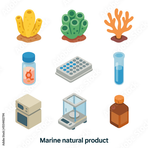 Marine Drug Discovery Icons. Isometric Flat icon set of marine natural product drug discovery: deep-sea sponge, tunicate colony,