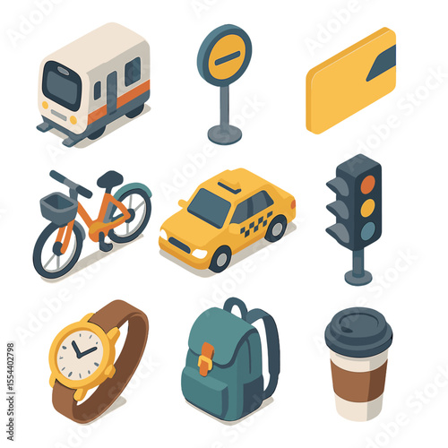 City Commuting Icons. Isometric Flat icon set of city commuting essentials: subway train, bus stop sign, metro card, bicycle share