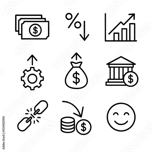 Inflation Causes Icons. Outline icon set of causes of inflation: money supply increase, interest rate cut, rising aggregate demand