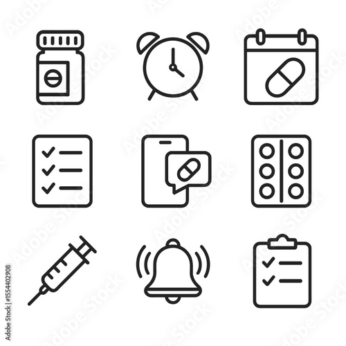 Medication Reminder Icons. Outline icon set of medication adherence and pill reminders: pill bottle, alarm clock, calendar with