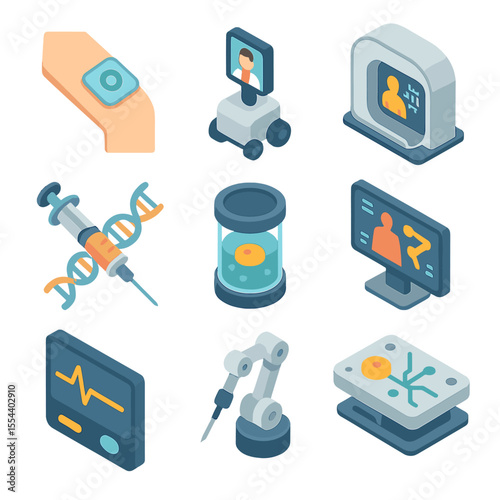 Medical Tech Icon Set. Isometric Flat icon set of medical tech breakthroughs: wearable health patch, telemedicine robot, AI