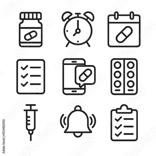 Medication Reminder Icons. Outline icon set of medication adherence and pill reminders: pill bottle, alarm clock, calendar with