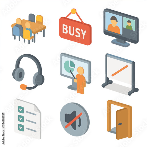 Meeting Tools Icons. Isometric Flat icon set of meeting boundary management: meeting room, “busy” sign, video conference screen,