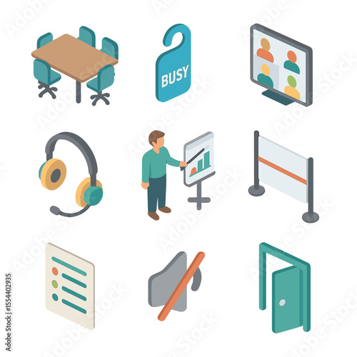 Meeting Tools Icons. Isometric Flat icon set of meeting boundary management: meeting room, “busy” sign, video conference screen,