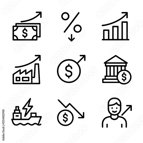 Inflation Causes Icons. Outline icon set of causes of inflation: money supply increase, interest rate cut, rising aggregate demand