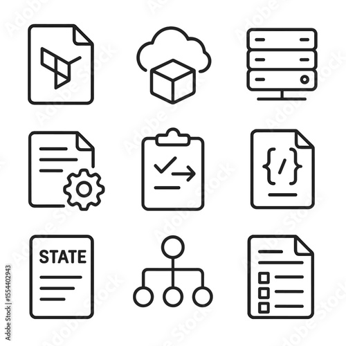 Infrastructure Icon Set. Outline icon set of infrastructure as code: Terraform script, cloud resource, provisioning server,