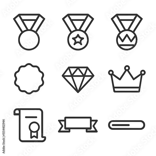 Membership Tier Icons. Outline icon set of membership tier levels: bronze medal, silver medal, gold medal, platinum badge, diamond