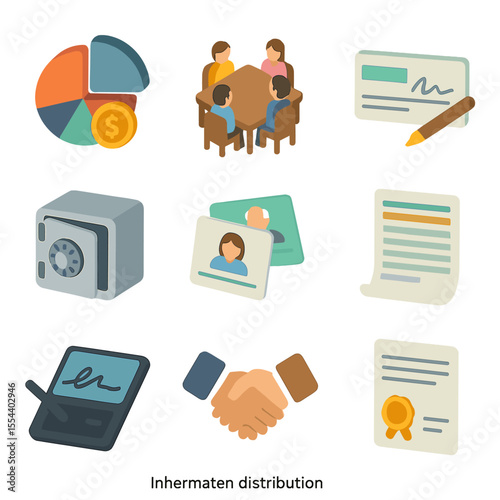 Inheritance Icons Grid. Isometric Flat icon set of inheritance distribution: inheritance pie chart, family meeting table, check