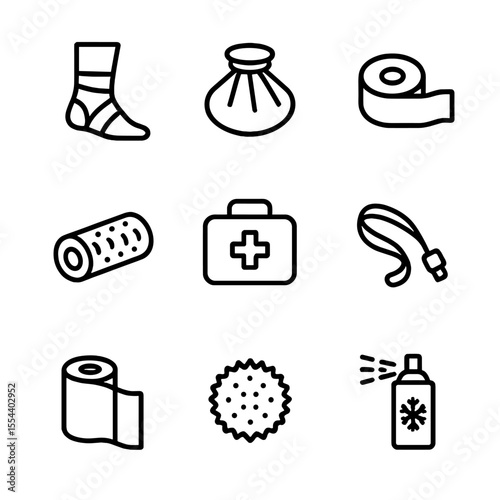 Injury Prevention Icons. Outline icon set of injury prevention and first aid: ankle brace, ice pack, tape roll, first aid kit,