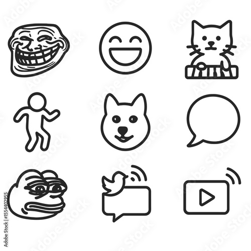 Meme Icon Collection. Outline icon set of internet meme parody graphics: troll face, LOL emoji, keyboard cat, dancing baby, doge