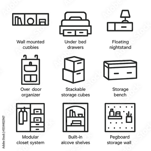 Innovative Storage Icons. Outline icon set of Innovative Storage Solutions: wall-mounted cubbies, under-bed drawers, floating