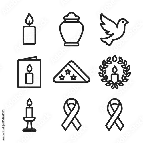 Memorial Service Icons. Outline icon set of memorial service candle lighting: memorial candle, urn silhouette, dove icon, sympathy