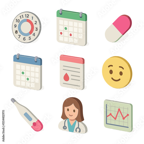 Menstrual Cycle Icons. Isometric Flat icon set of menstrual cycle calendars: cycle day circle, ovulation marker, period flow icon,