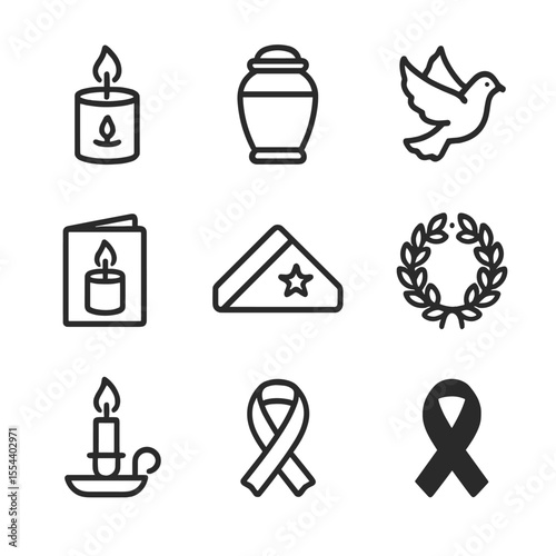Memorial Service Icons. Outline icon set of memorial service candle lighting: memorial candle, urn silhouette, dove icon, sympathy