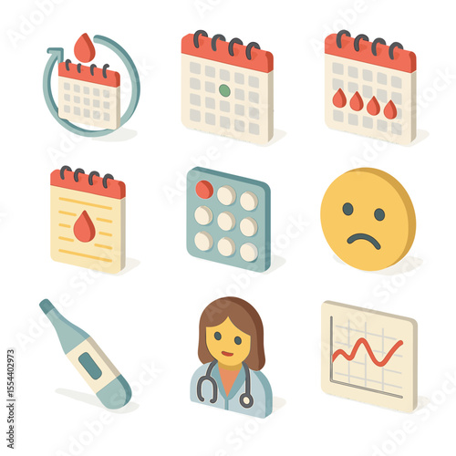 Menstrual Cycle Icons. Isometric Flat icon set of menstrual cycle calendars: cycle day circle, ovulation marker, period flow icon,