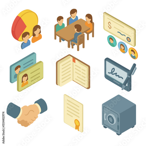 Inheritance Icons Grid. Isometric Flat icon set of inheritance distribution: inheritance pie chart, family meeting table, check