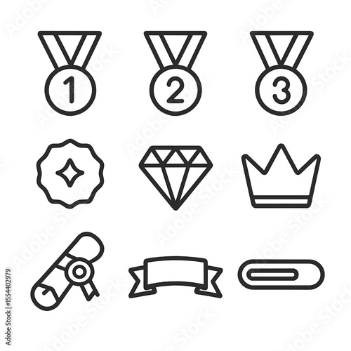 Membership Tier Icons. Outline icon set of membership tier levels: bronze medal, silver medal, gold medal, platinum badge, diamond