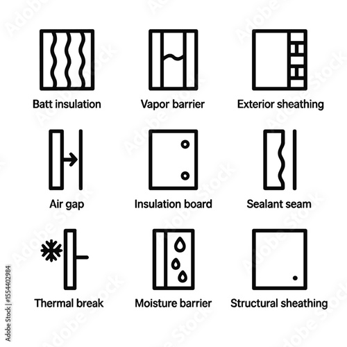 Insulation Icon Grid. Outline icon set of Insulation and Thermal Envelope: batt insulation, vapor barrier, exterior sheathing, air
