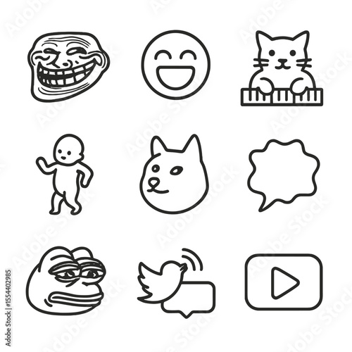 Meme Icon Collection. Outline icon set of internet meme parody graphics: troll face, LOL emoji, keyboard cat, dancing baby, doge