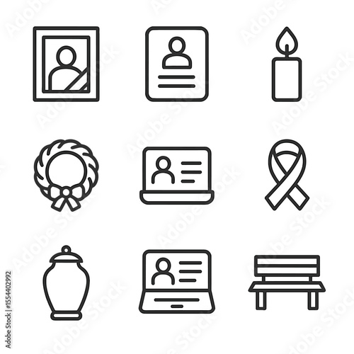 Memorial Icon Set. Outline icon set of memorialization: framed photo, memorial plaque, candle flame, tribute wreath, virtual