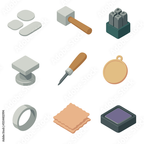 Metal Stamping Icons. Isometric Flat icon set of metal stamping and engraving: metal blanks, stamping hammer, letter stamps, anvil