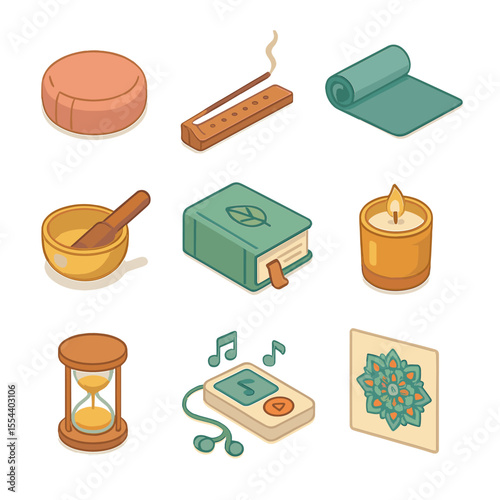 Mindfulness Icon Set. Isometric Flat icon set of mindfulness and meditation therapy: meditation cushion, incense burner, yoga mat,