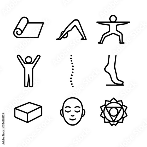 Mindful Yoga Icon Set. Outline icon set of mindful yoga stretch: yoga mat, downward dog pose, warrior pose silhouette, stretch