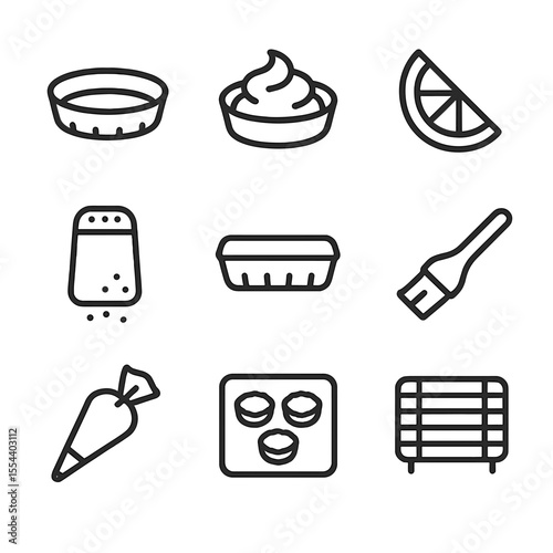 Mini Tarts Icons. Outline icon set of mini tarts: tart shell, custard filling, fruit slice, powdered sugar, tart pan, pastry brush