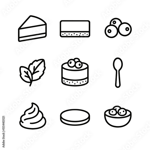 Mini Cheesecake Icons. Outline icon set of mini cheesecakes: cheesecake slice, graham cracker crust, berry topping, mint leaf,