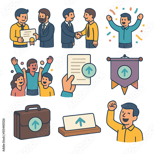 Job Promotion Icons. Isometric Flat icon set of Job Promotion Excitement: employee receiving certificate, boss shaking hand,