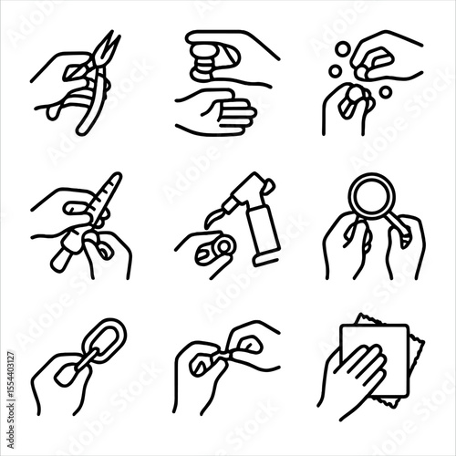 Jewelry Tool Icons. Outline icon set of hands making jewelry: jewelry pliers, wire spool, bead assortment, ring mandrel, soldering