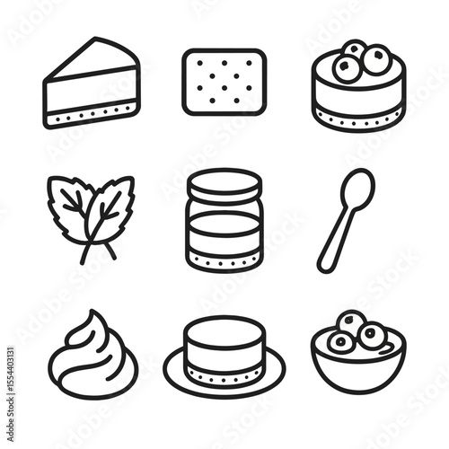 Mini Cheesecake Icons. Outline icon set of mini cheesecakes: cheesecake slice, graham cracker crust, berry topping, mint leaf,